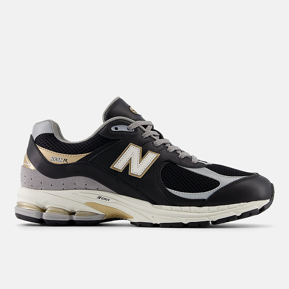 New Balance 2002R Shoes Black with Sea Salt and Gold Metallic